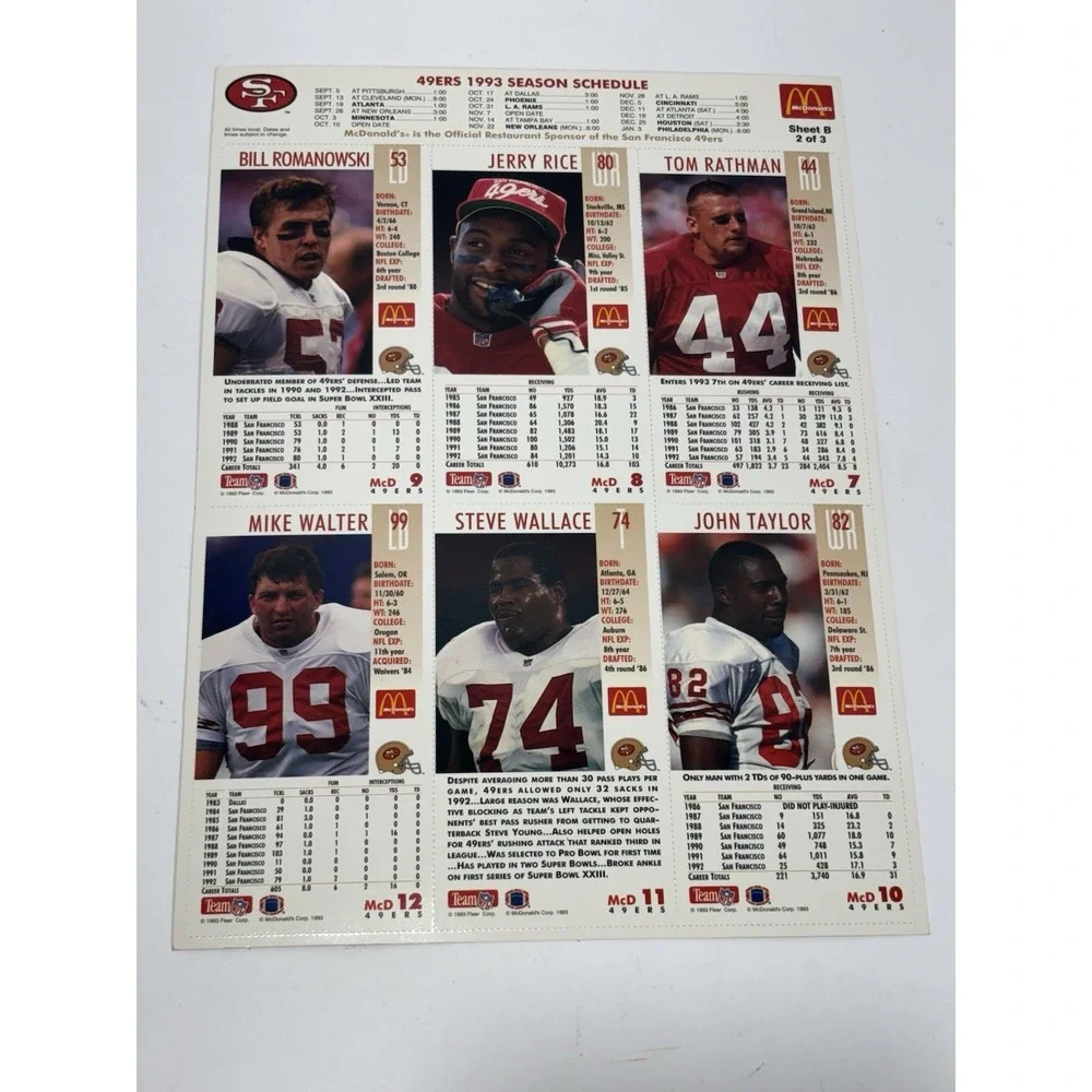 10x McDonald's Limited Edition NFL 1993 S Francisco 49ers GameDay Football cards